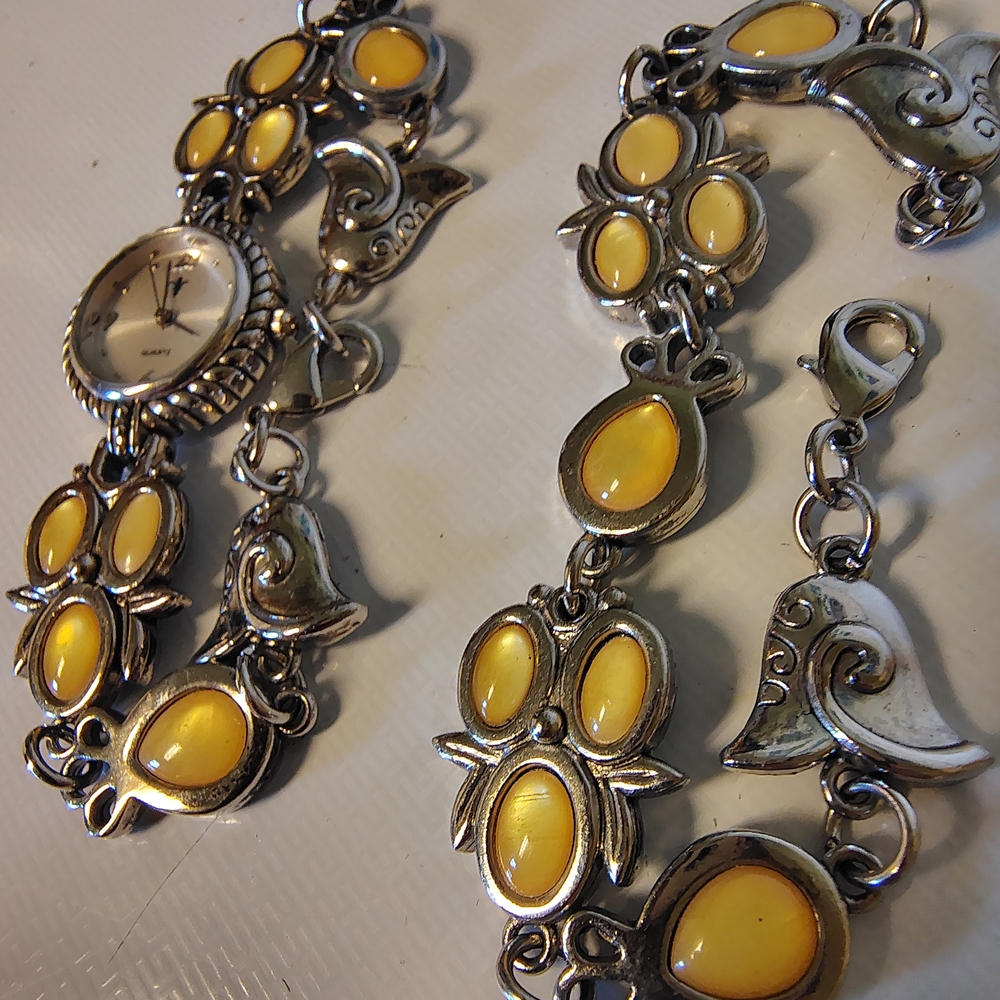 Silver and Yellow Floral Watch Bracelet